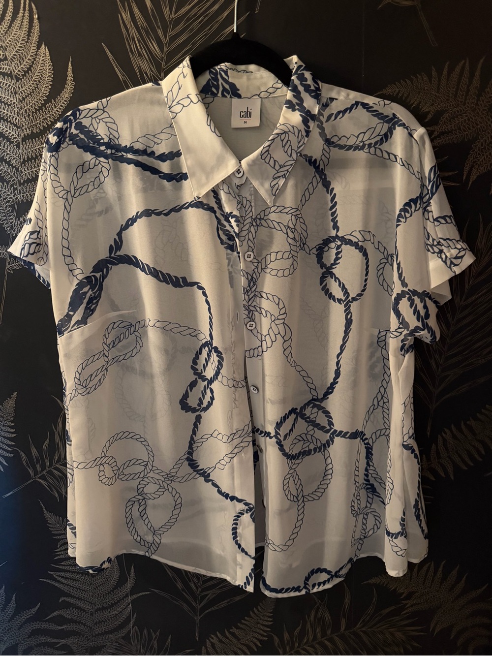 CAbi White & Navy Rope-Print Short Sleeve Button Front Shirt